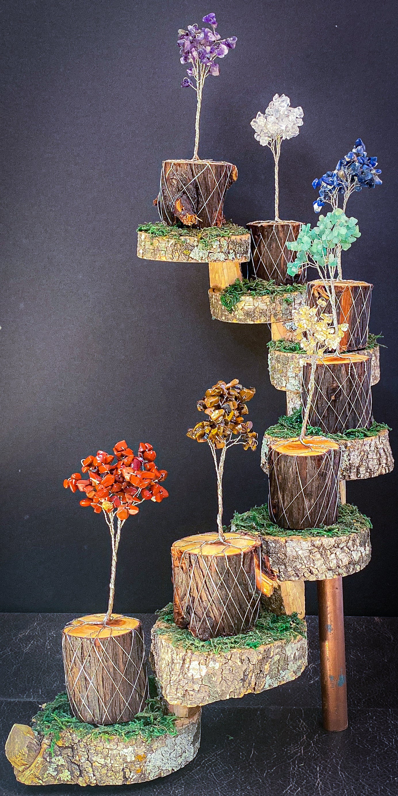 bonsai metal tree Chakra Gemstone Wire Tree Chakra Tree Set / Texas Cedarwood