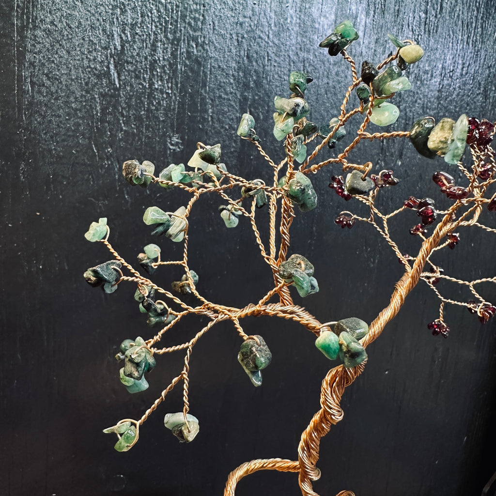 Emerald and Garnet Couple’s Anniversary Custom Wedding Centerpiece Birthstone Wire Tree Sculpture