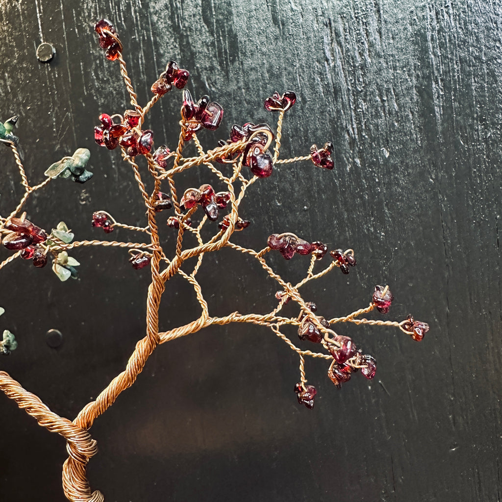 Emerald and Garnet Couple’s Anniversary Custom Wedding Centerpiece Birthstone Wire Tree Sculpture