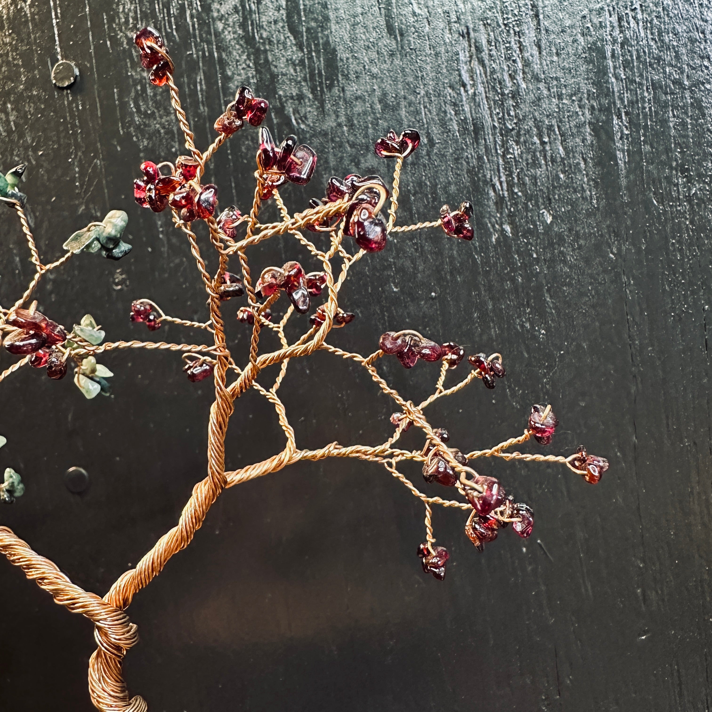 Emerald and Garnet Couple’s Anniversary Custom Wedding Centerpiece Birthstone Wire Tree Sculpture