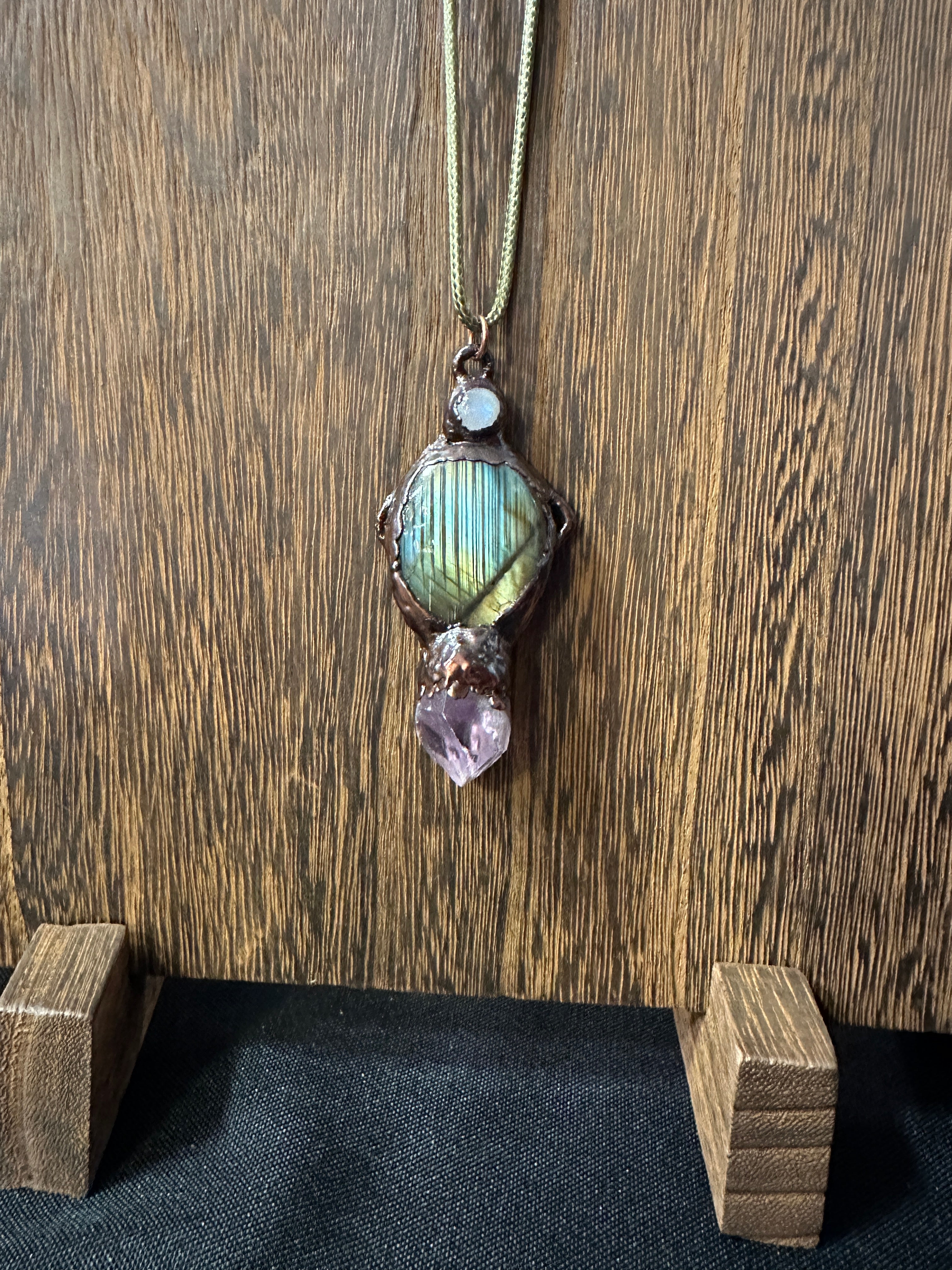 Labradorite Moonstone and Raw Amethyst Pendant