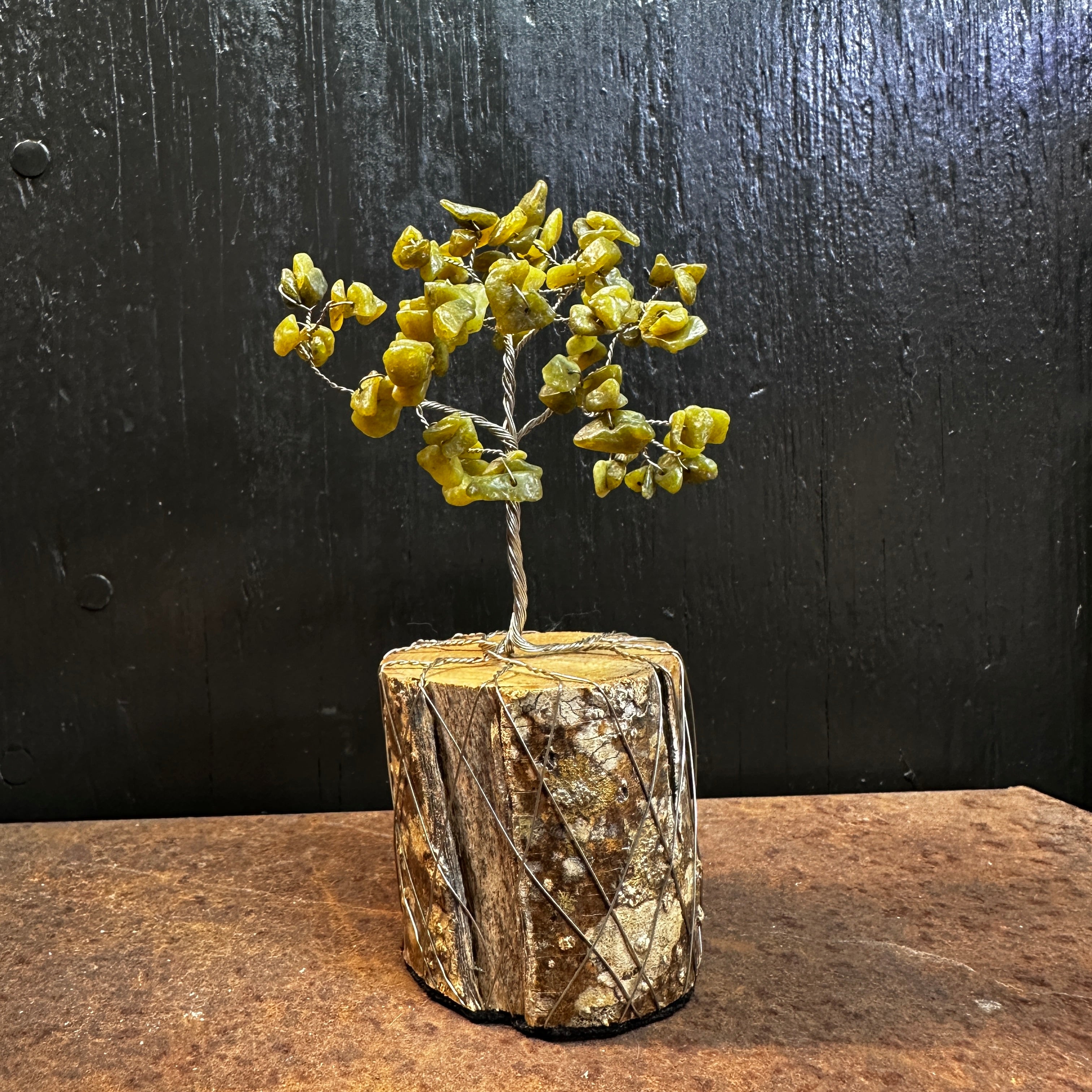 Olive Jade (Serpentine) Wire Tree Sculpture