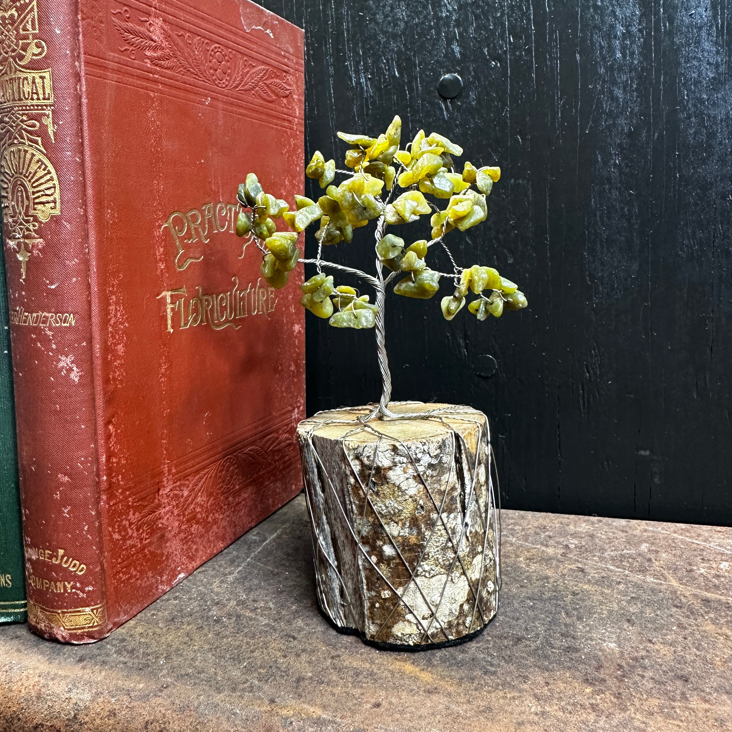 Olive Jade (Serpentine) Wire Tree Sculpture