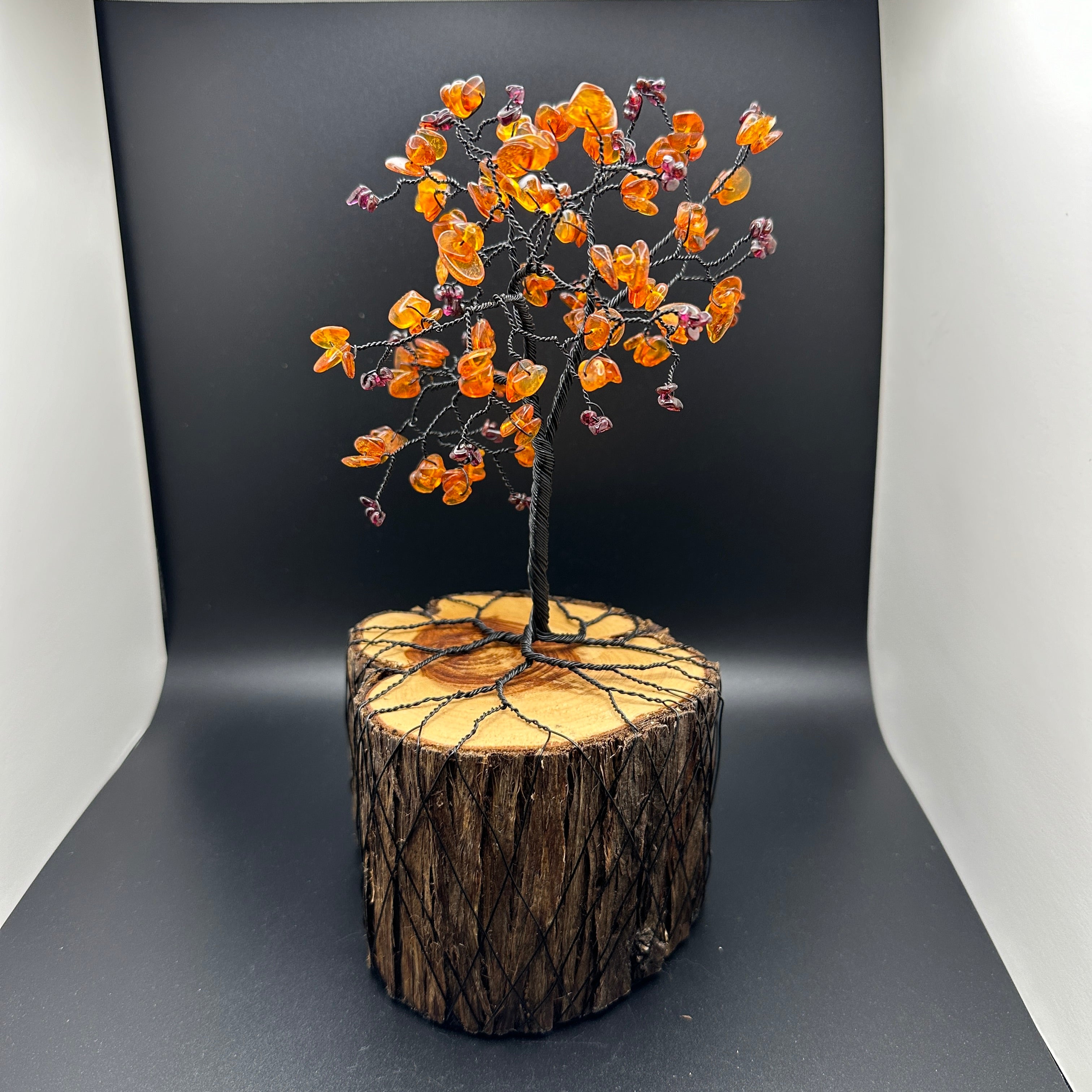 Garnet and Amber Wire Tree Sculpture