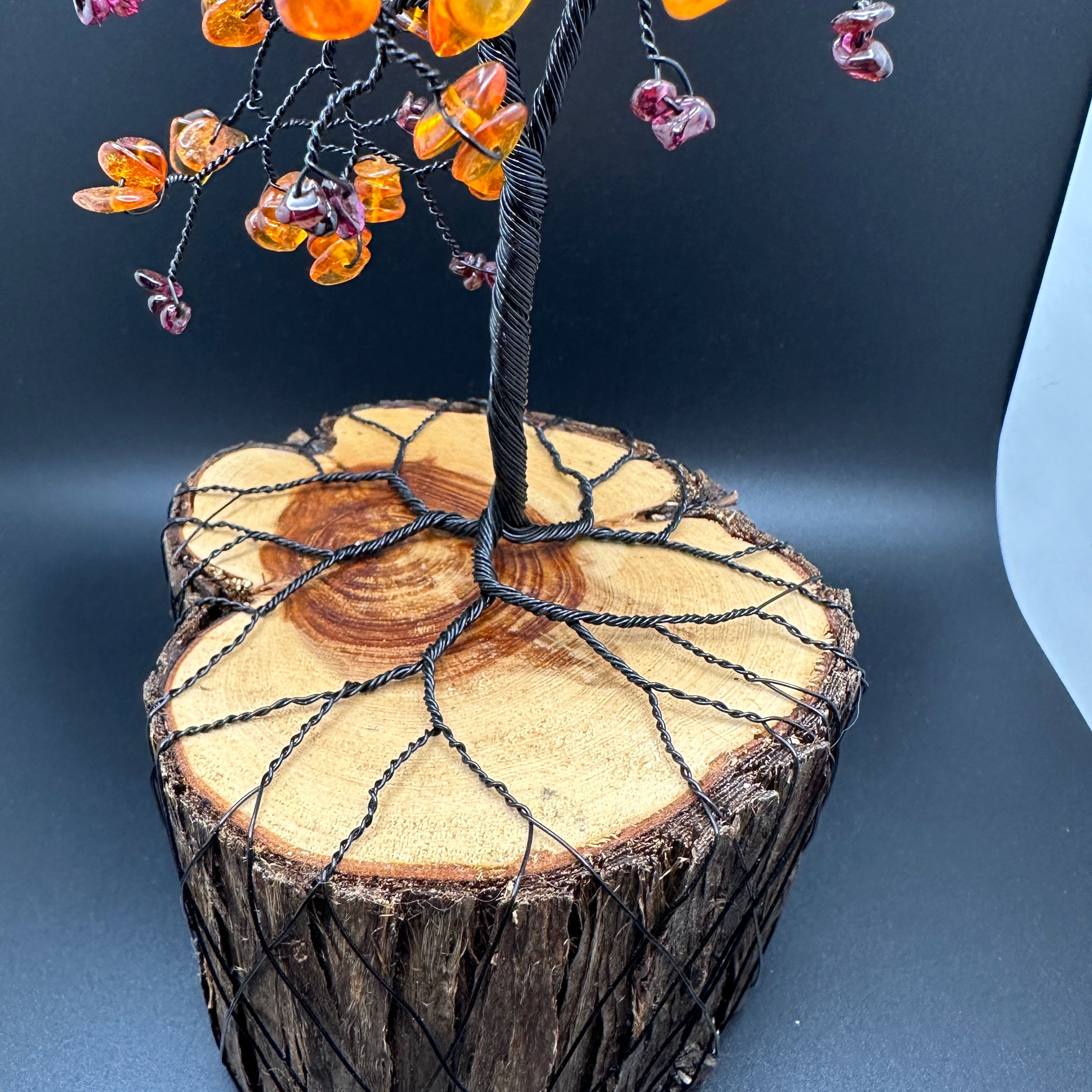 Garnet and Amber Wire Tree Sculpture