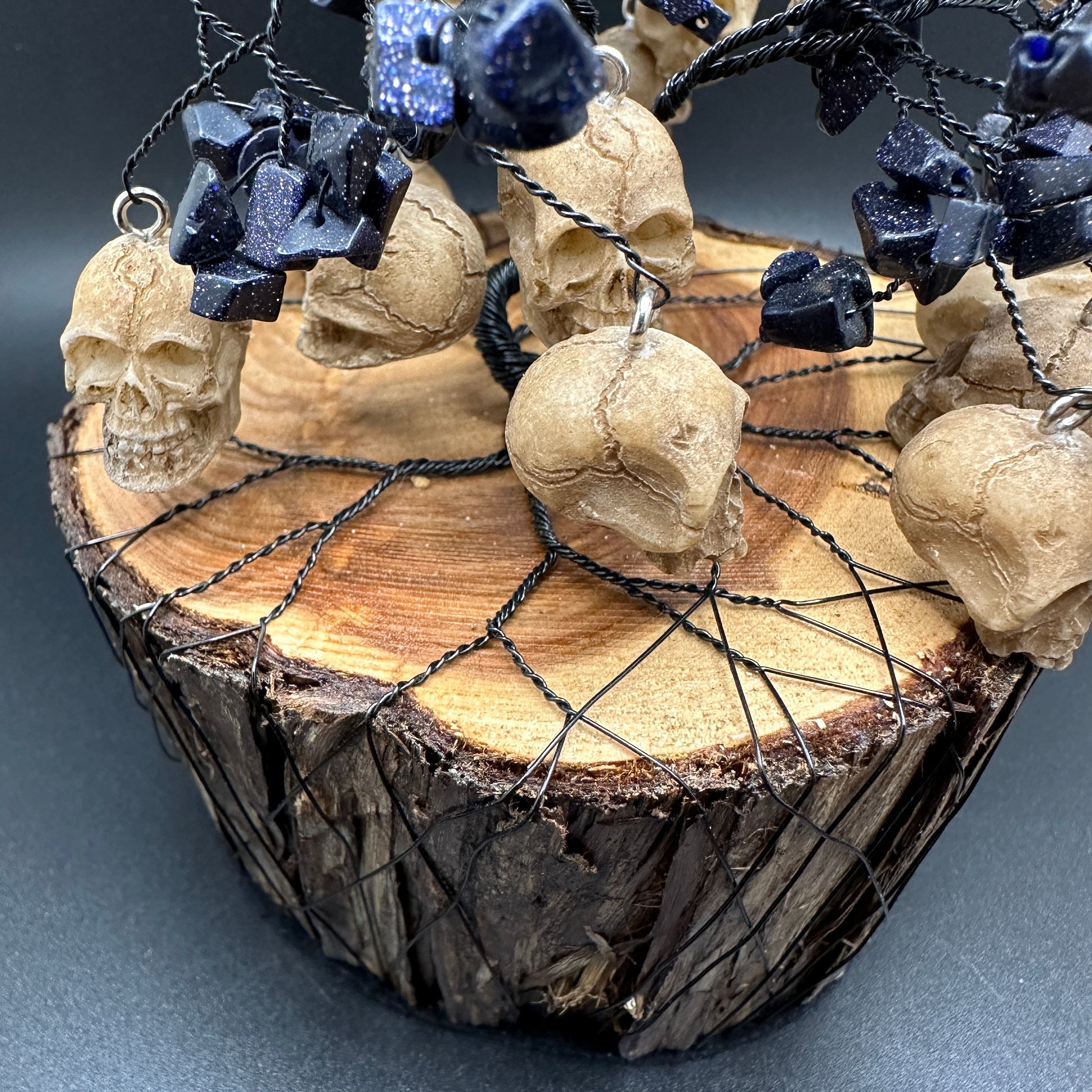 Blue Goldstone and Skull Wire Tree Sculpture