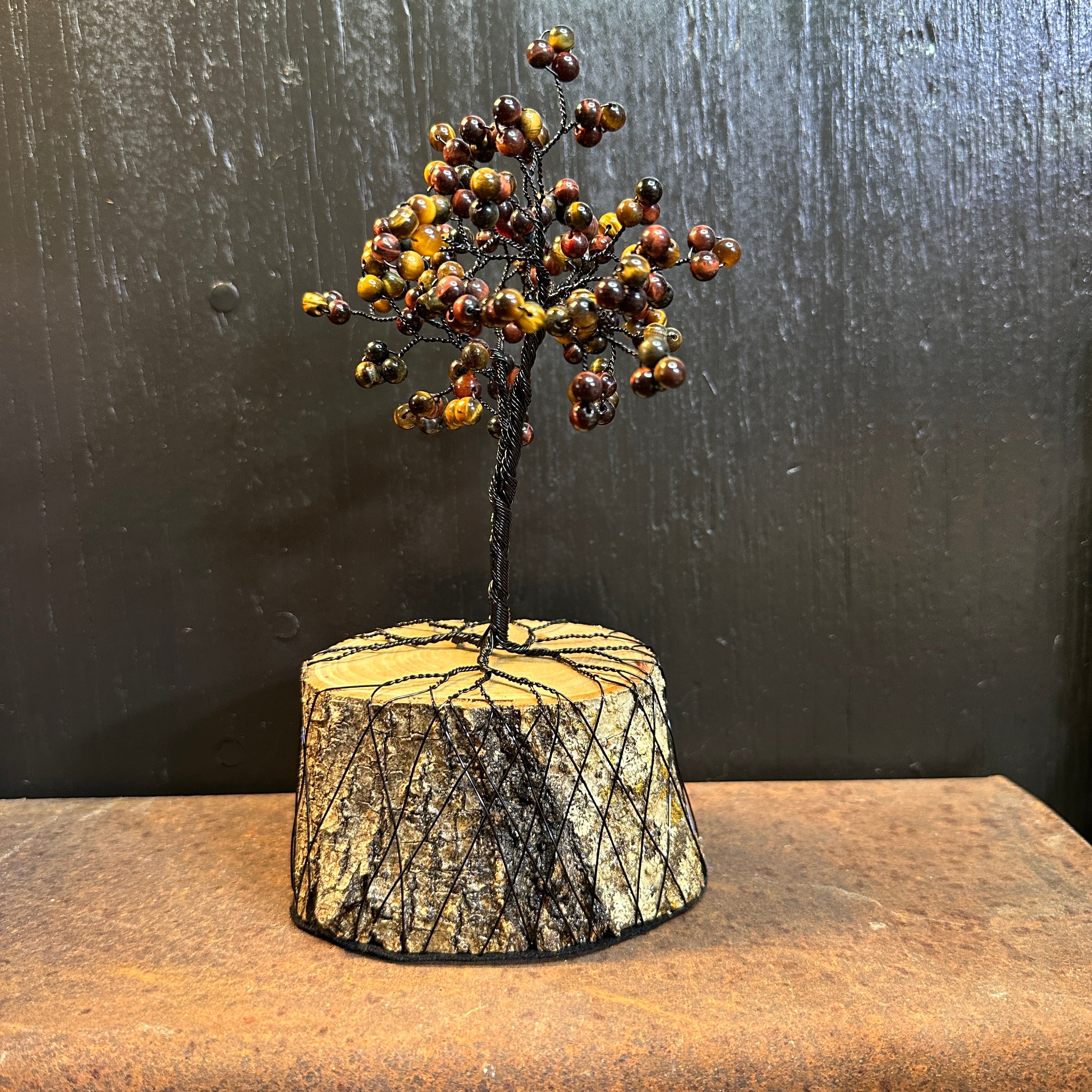 Red, Blue, Yellow Variegated Tiger Eye Wire Tree Sculpture