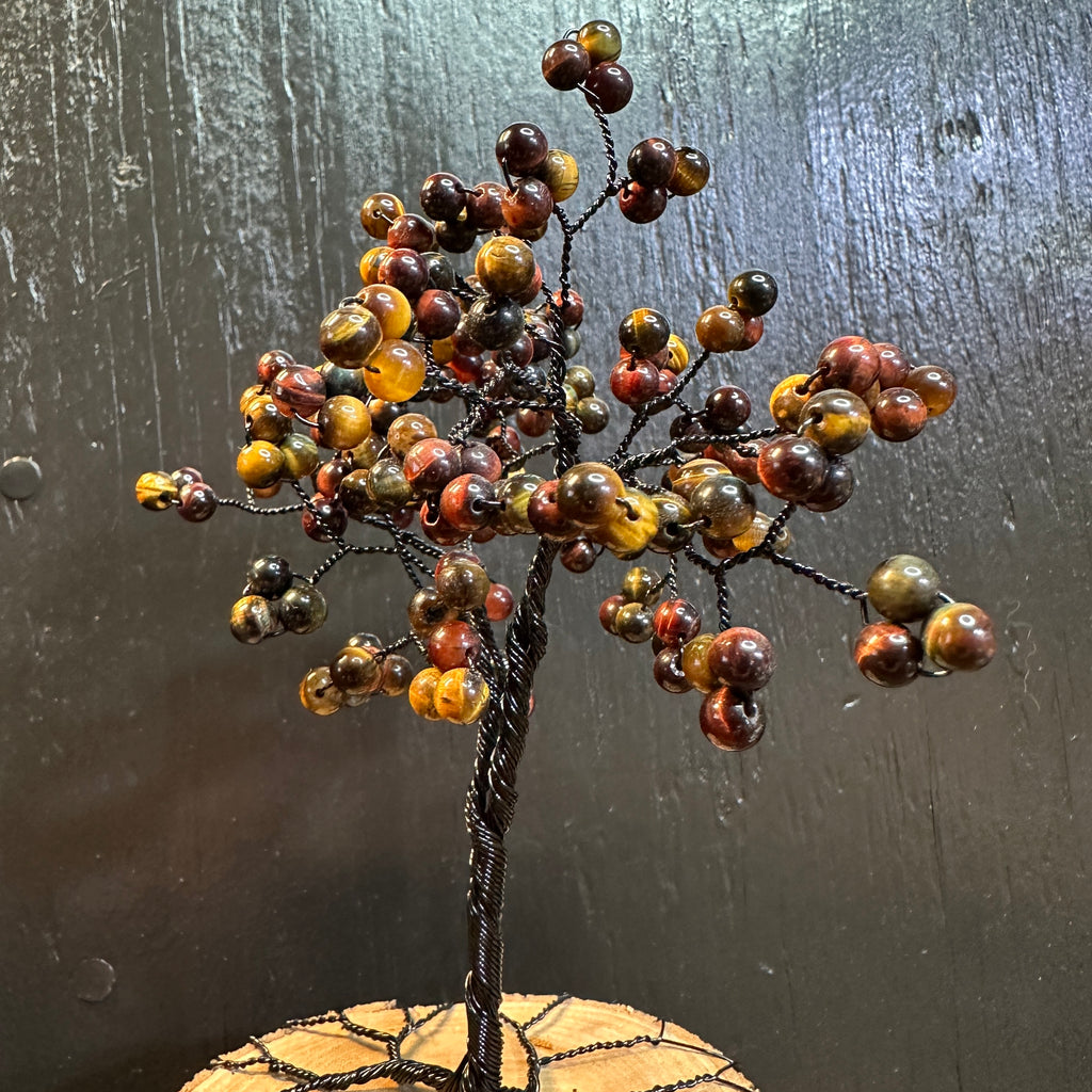 Red, Blue, Yellow Variegated Tiger Eye Wire Tree Sculpture