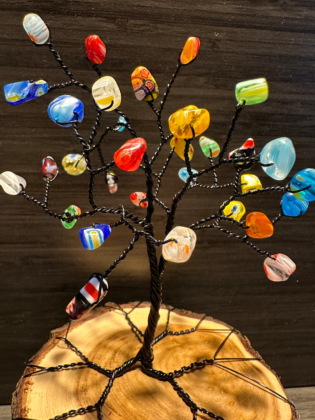 Joy - Glass Lamp Work Colorful Wire Tree Sculpture