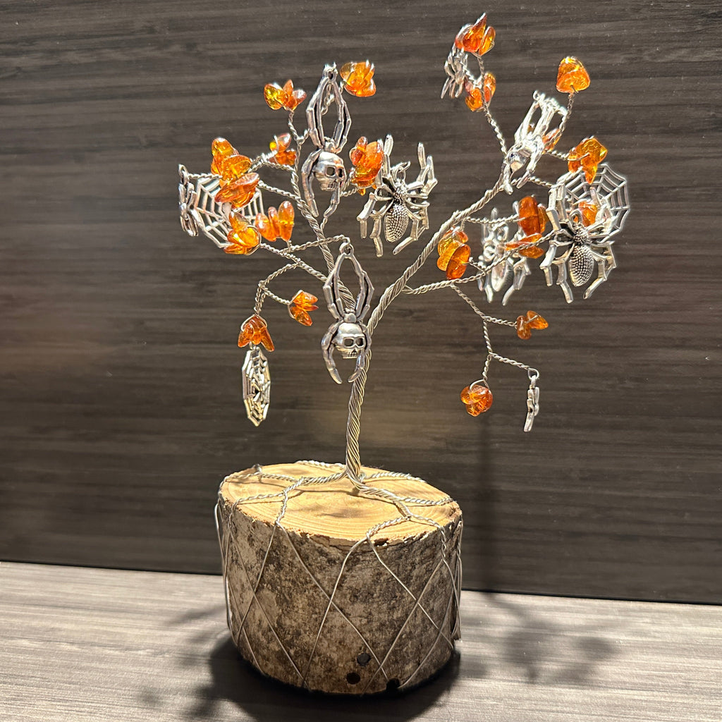 Weaver - Amber and Spider Charm Wire Tree Sculpture