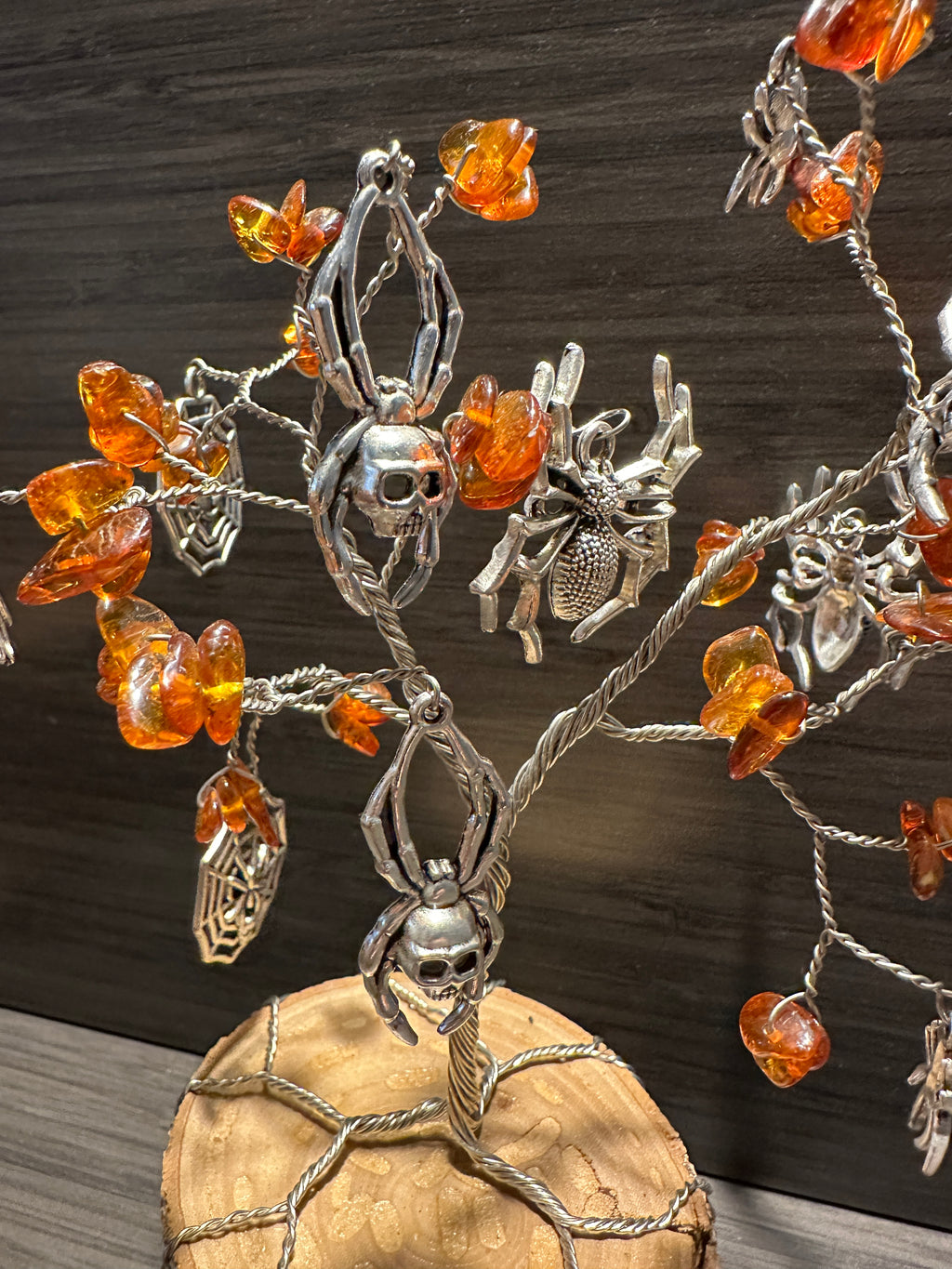 Weaver - Amber and Spider Charm Wire Tree Sculpture