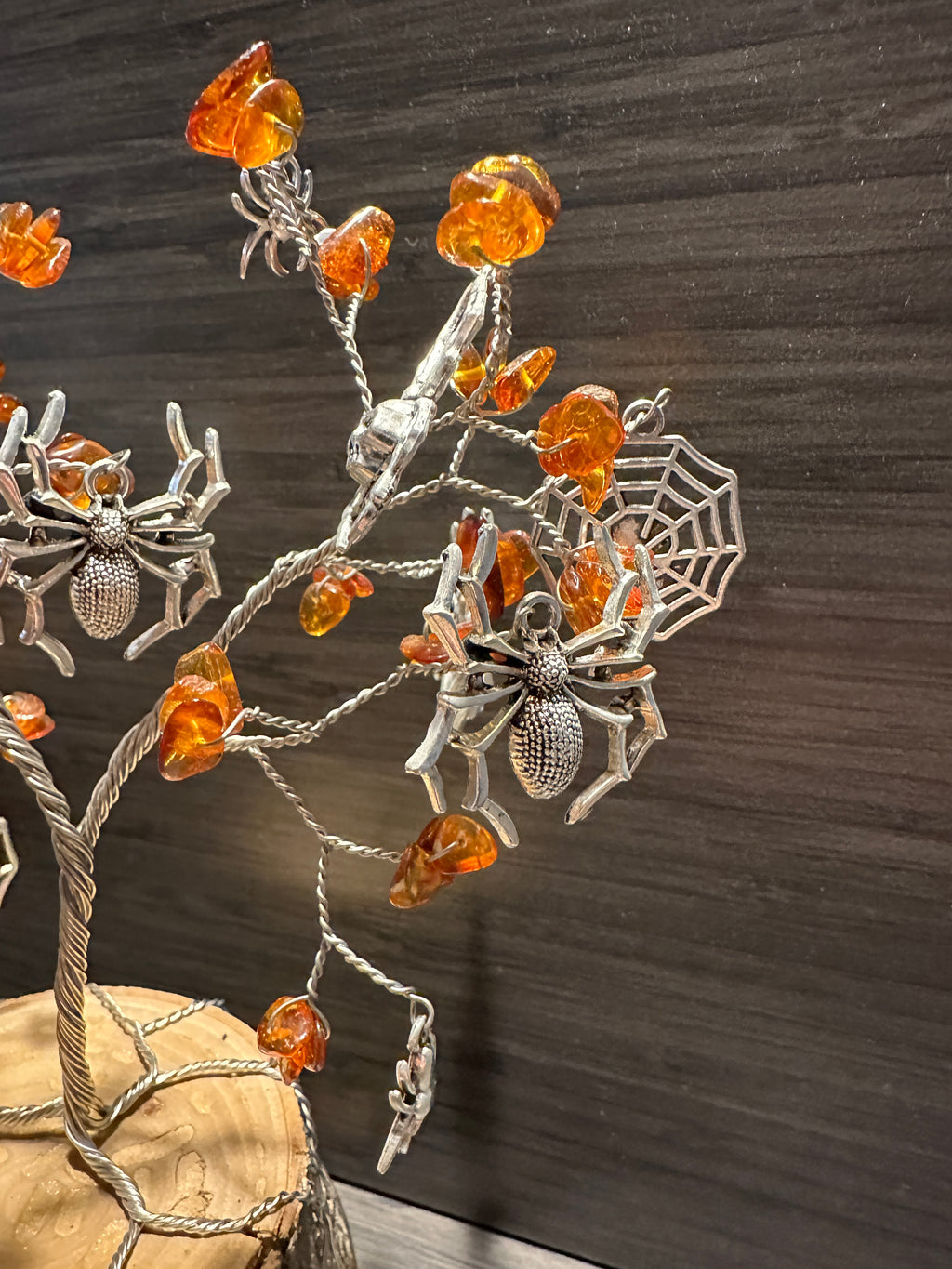 Weaver - Amber and Spider Charm Wire Tree Sculpture