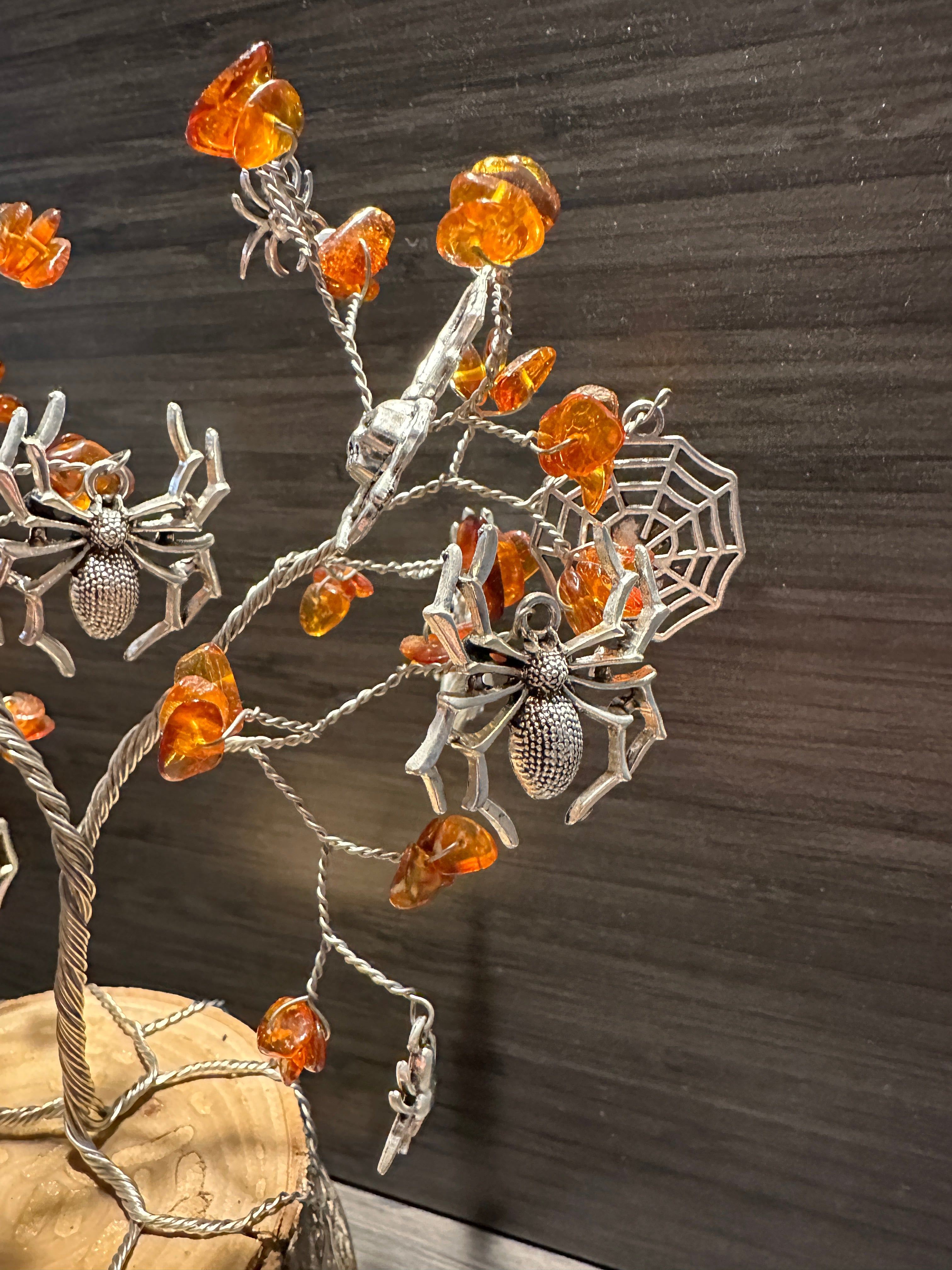 Weaver - Amber and Spider Charm Wire Tree Sculpture