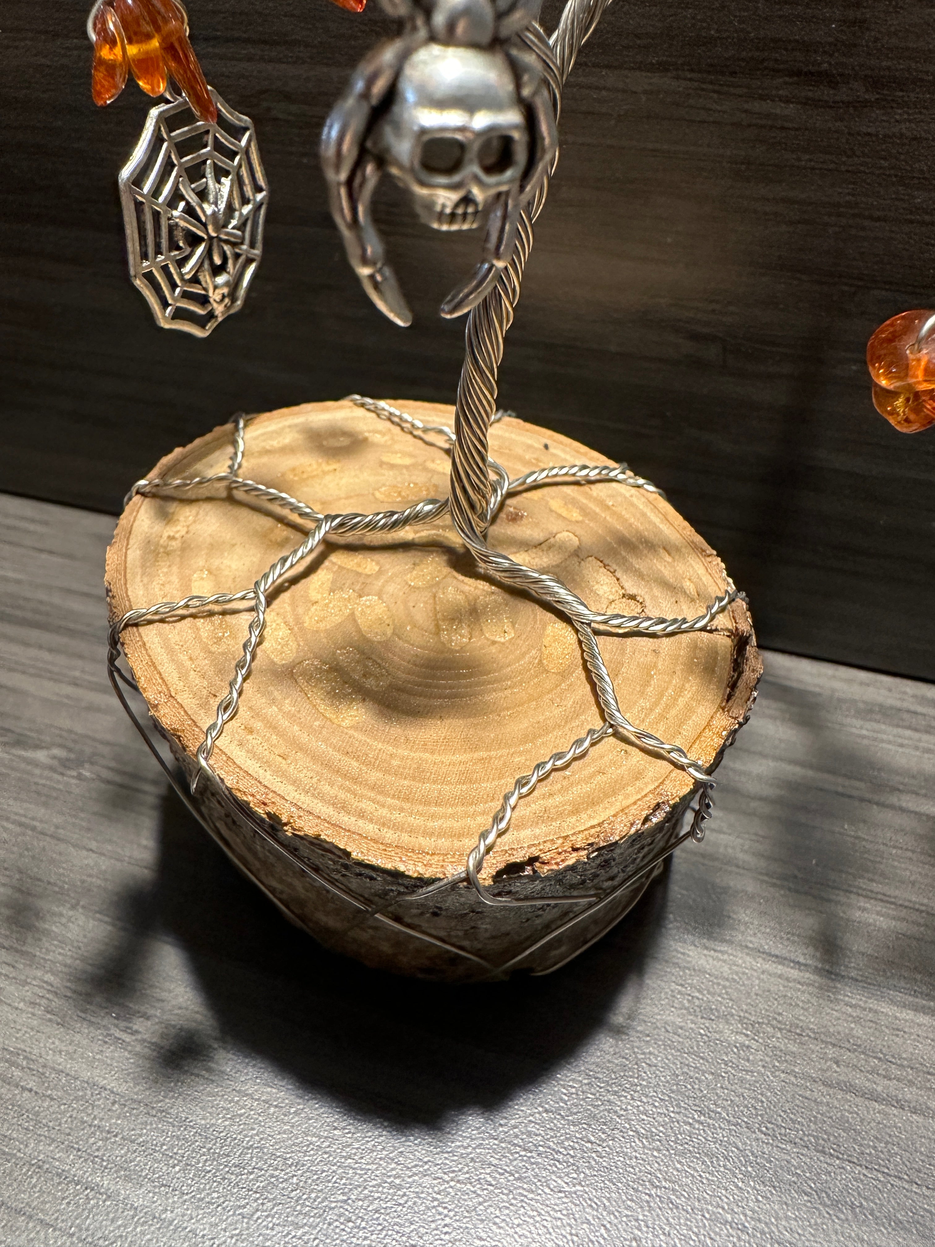 Weaver - Amber and Spider Charm Wire Tree Sculpture