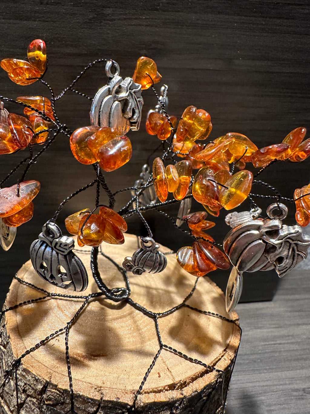 Spice - Natural Amber and Pumpkin Charm Wire Tree Sculpture