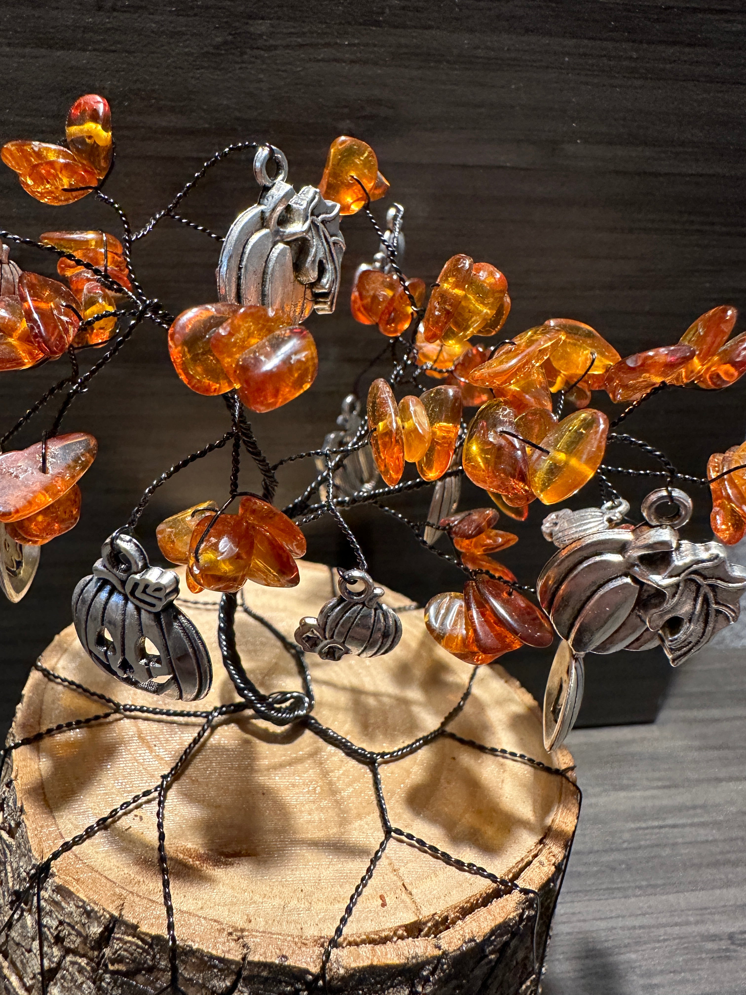 Spice - Natural Amber and Pumpkin Charm Wire Tree Sculpture