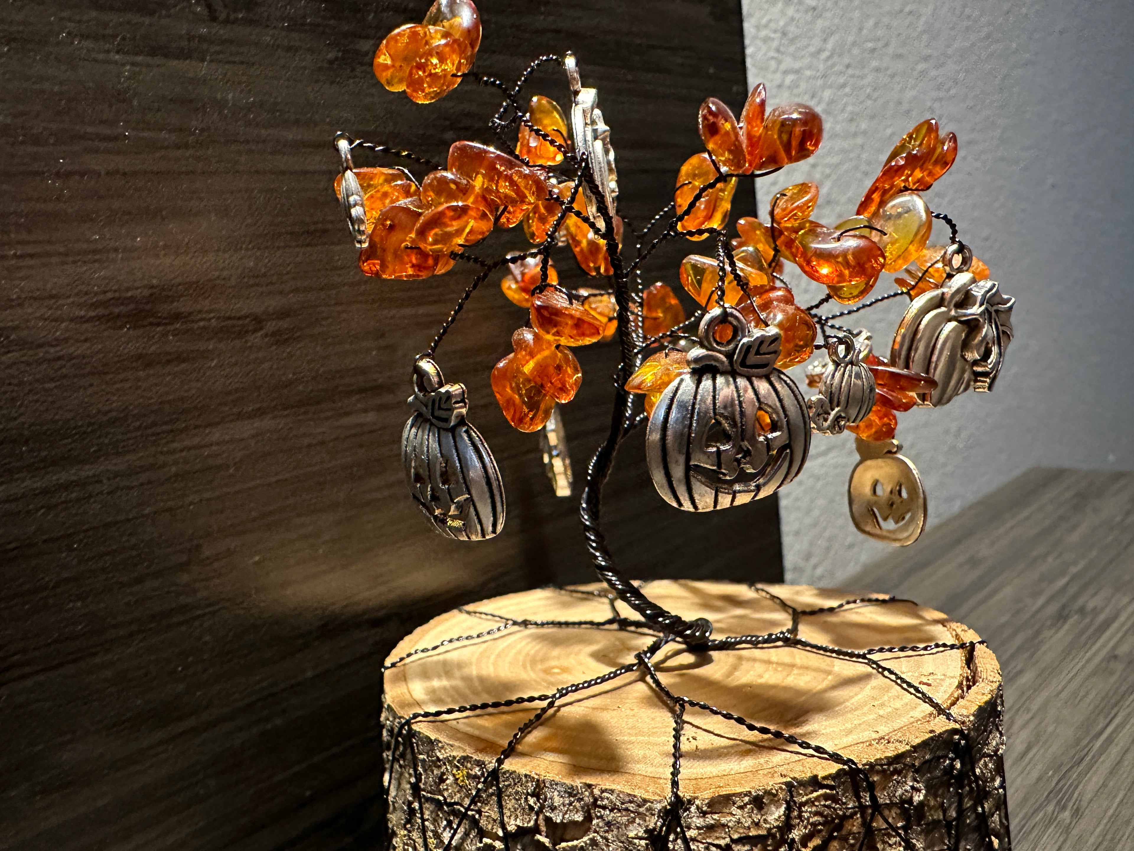 Spice - Natural Amber and Pumpkin Charm Wire Tree Sculpture