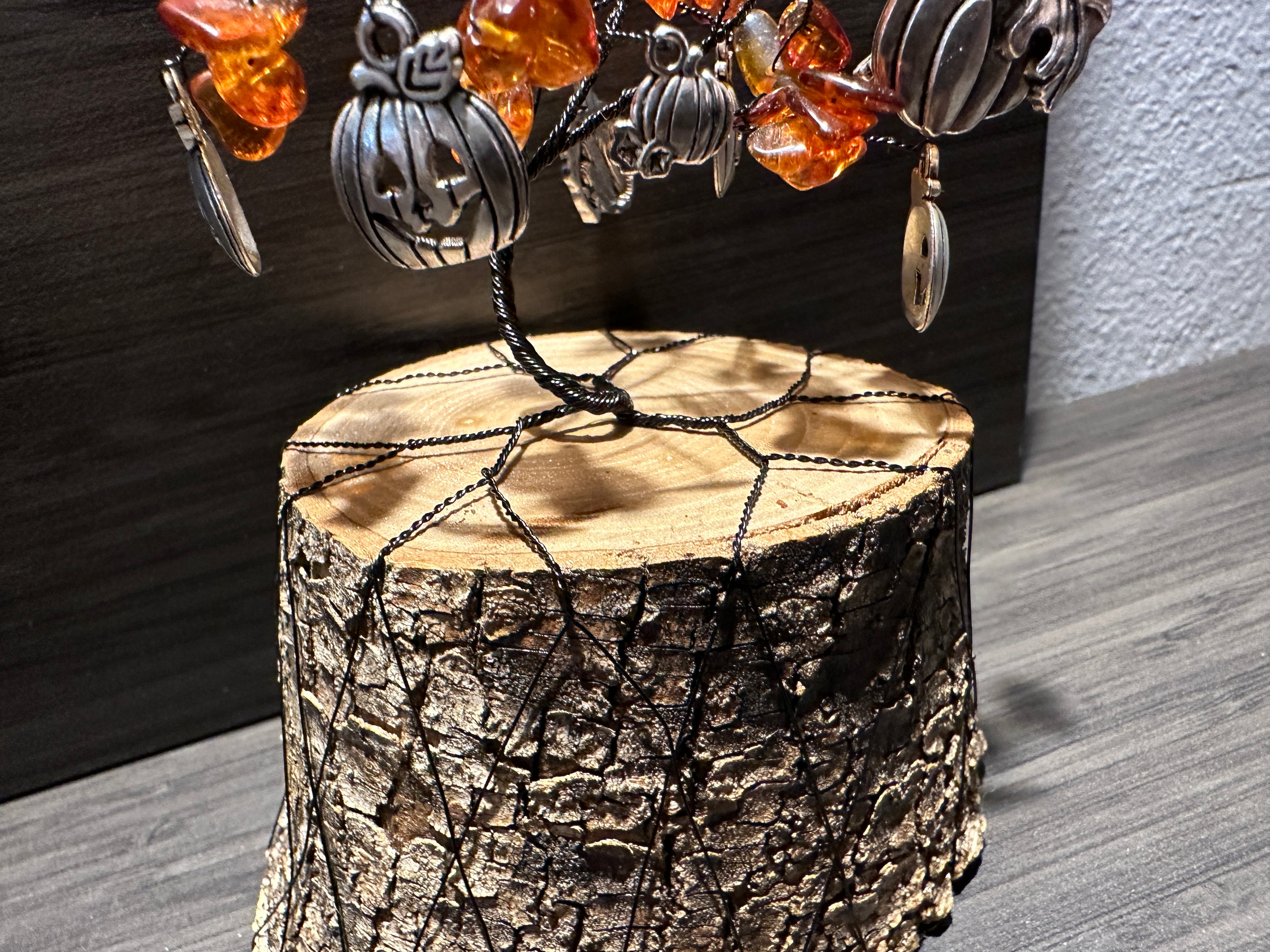 Spice - Natural Amber and Pumpkin Charm Wire Tree Sculpture