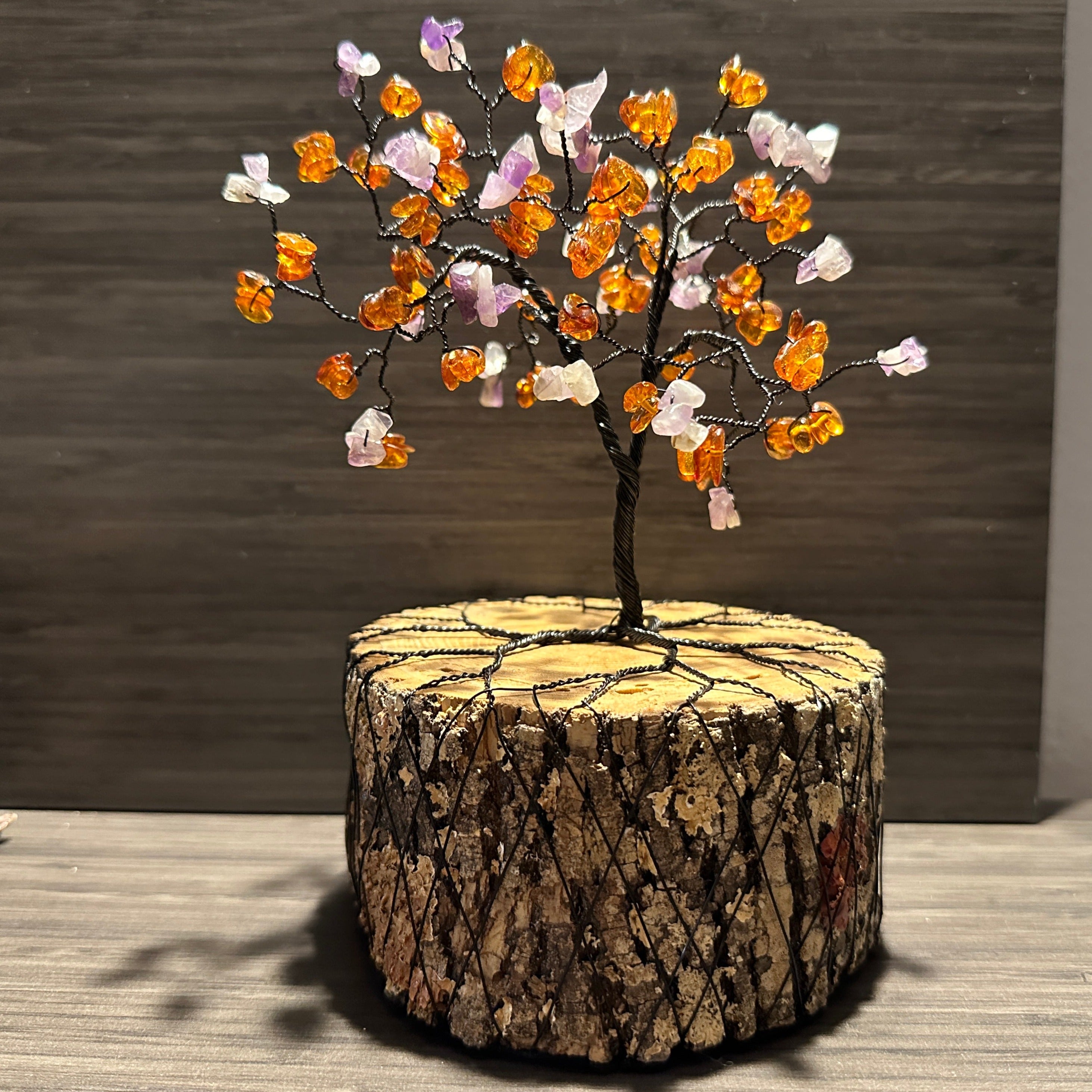 Pansy - Amber and Amethyst Wire Tree Sculpture