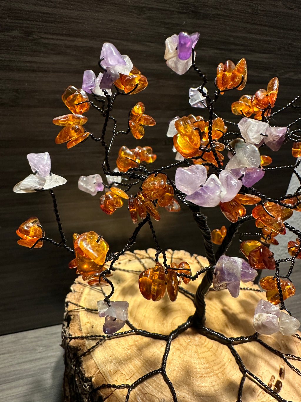 Pansy - Amber and Amethyst Wire Tree Sculpture