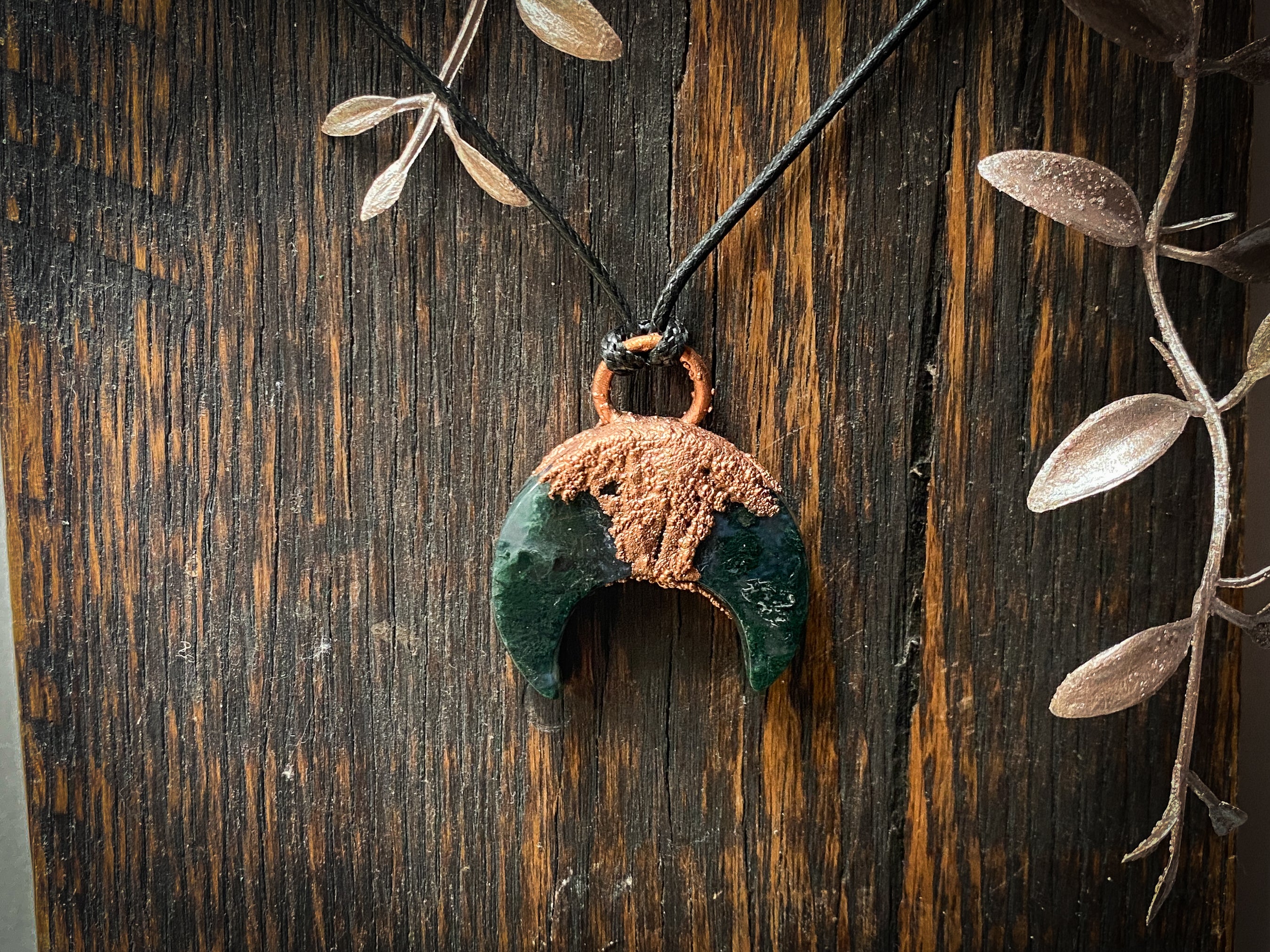 Moss Agate Crescent Moon Copper Electroformed Necklace