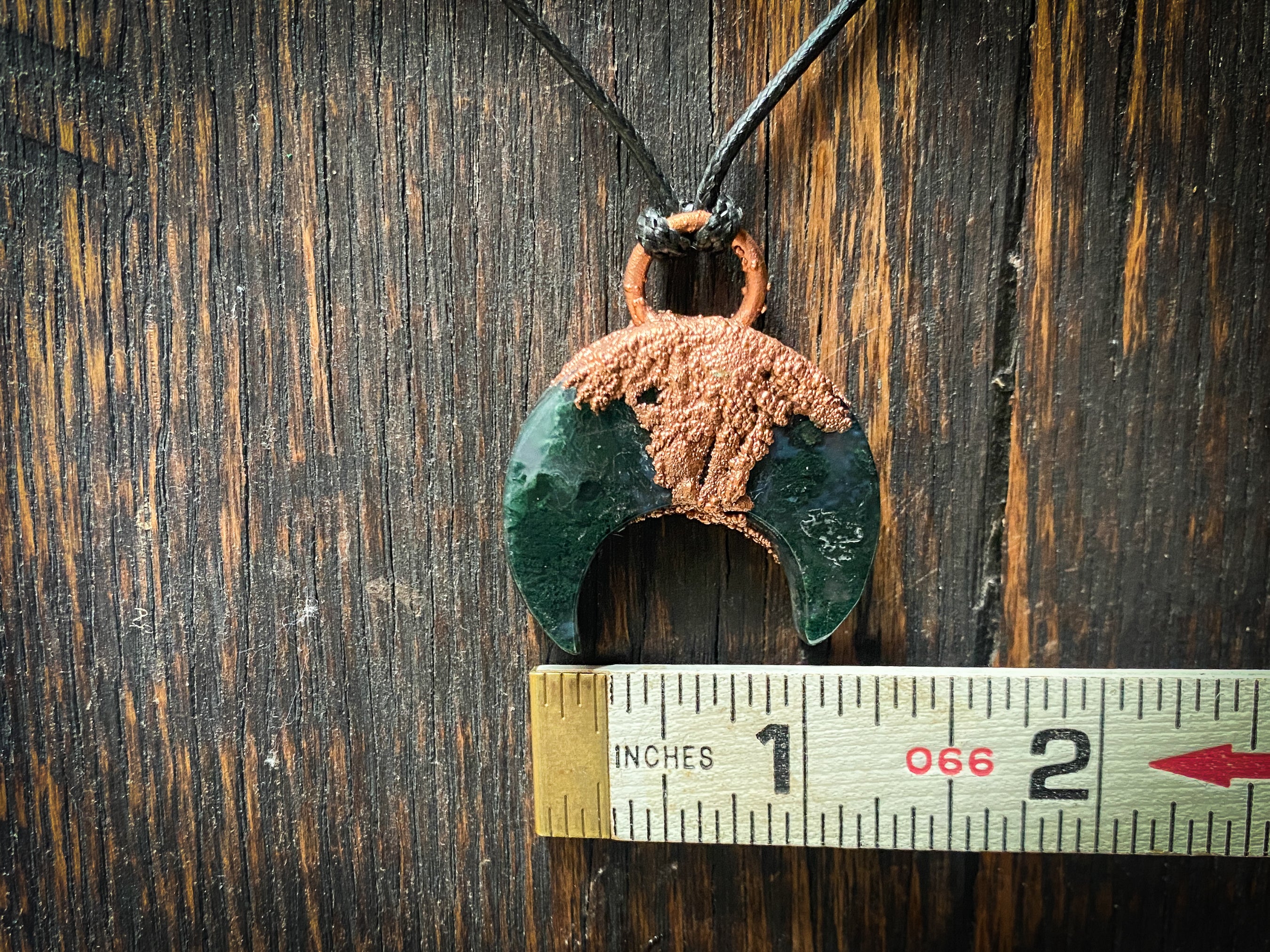 Moss Agate Crescent Moon Copper Electroformed Necklace