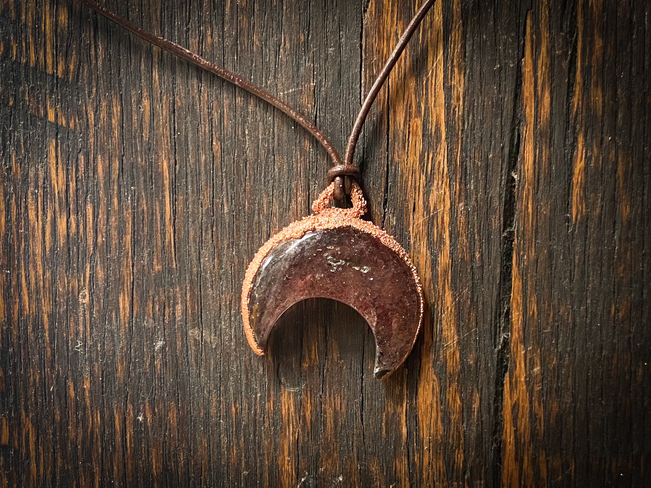Strawberry Quartz Crescent Moon Copper Electroformed Necklace