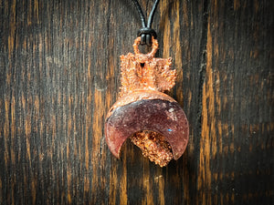 Strawberry Quartz Moon Copper Electroformed Live Oak Bark Necklace