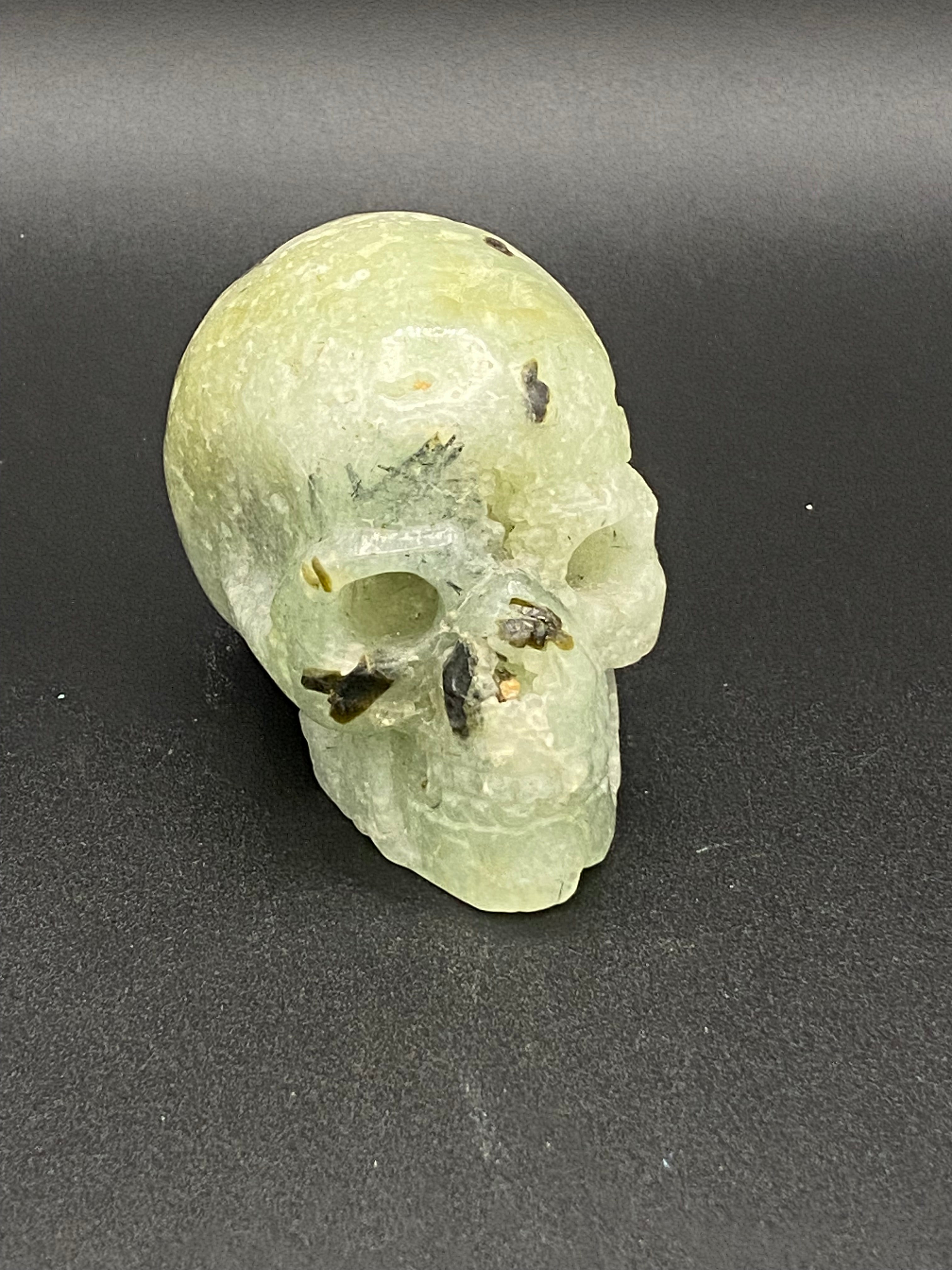 Prehnite Skull Carving with Druzies