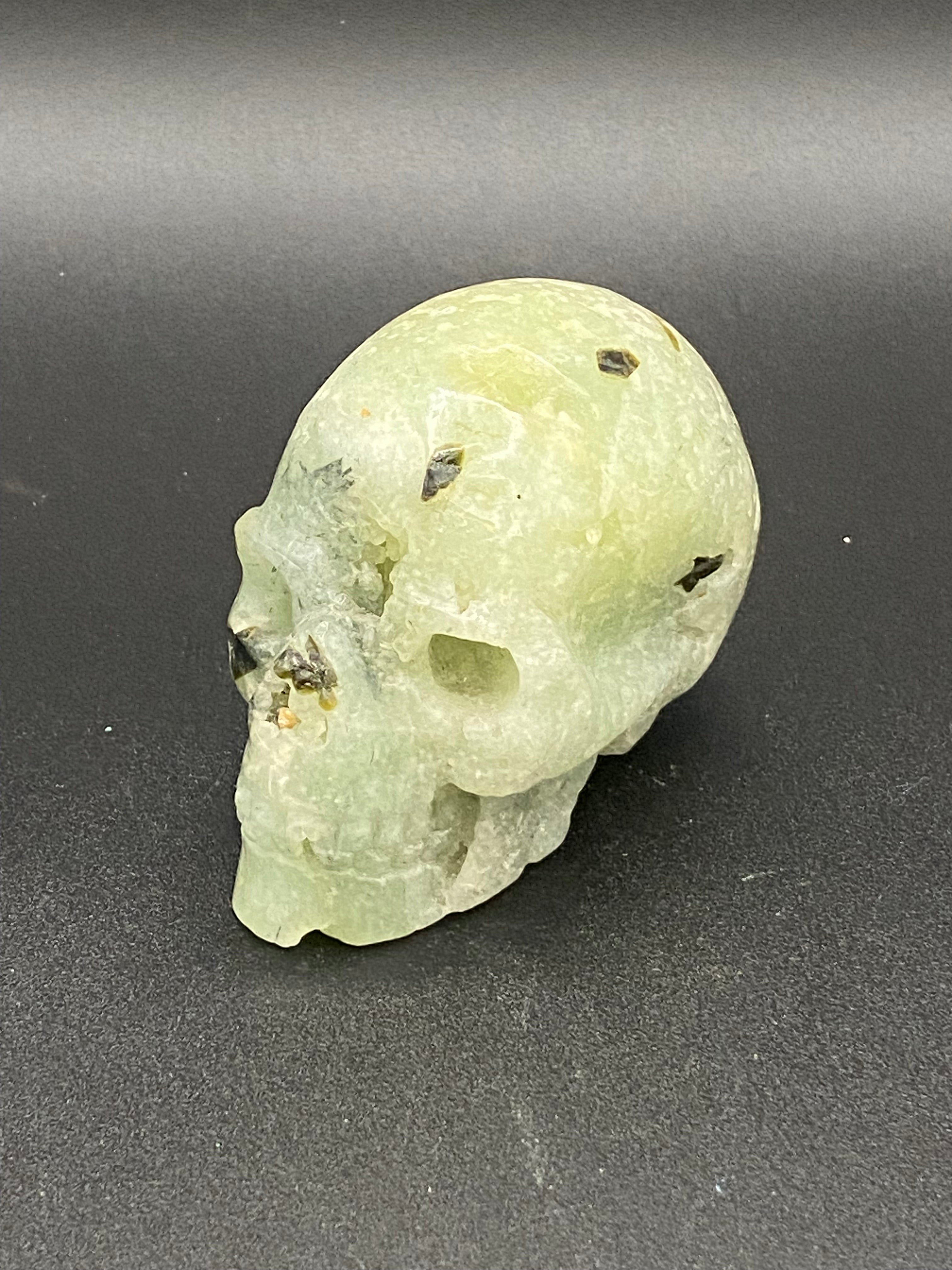 Prehnite Skull Carving with Druzies