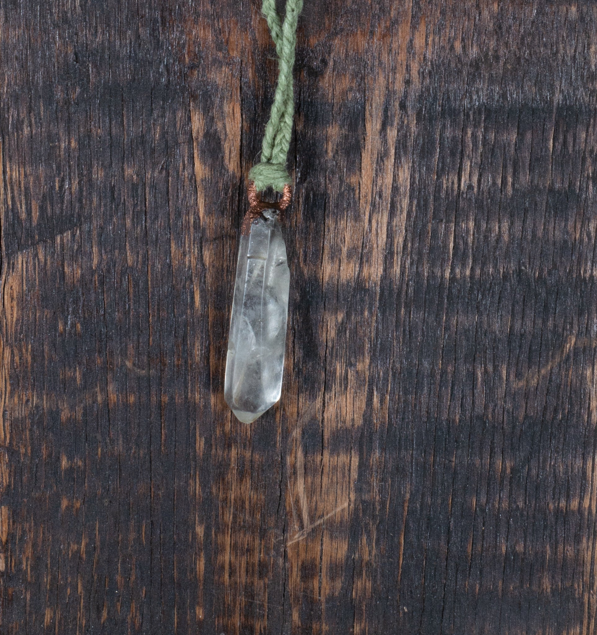 Clear Quartz with Copper Platting Necklace with Green Braided Cord