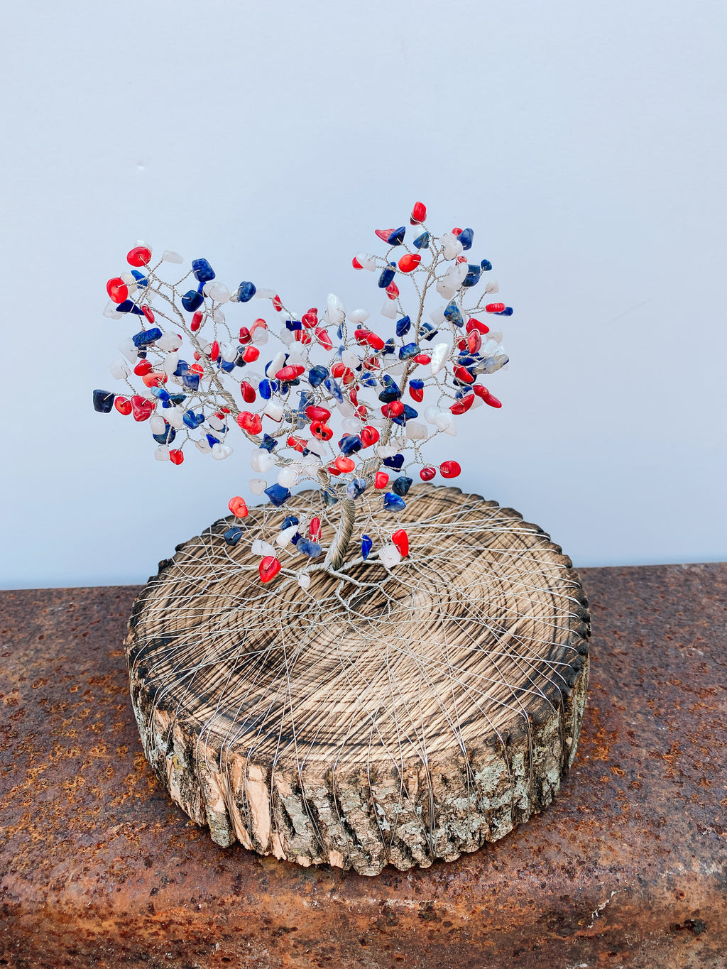 USA Flag Gemstone Wire Tree Sculpture