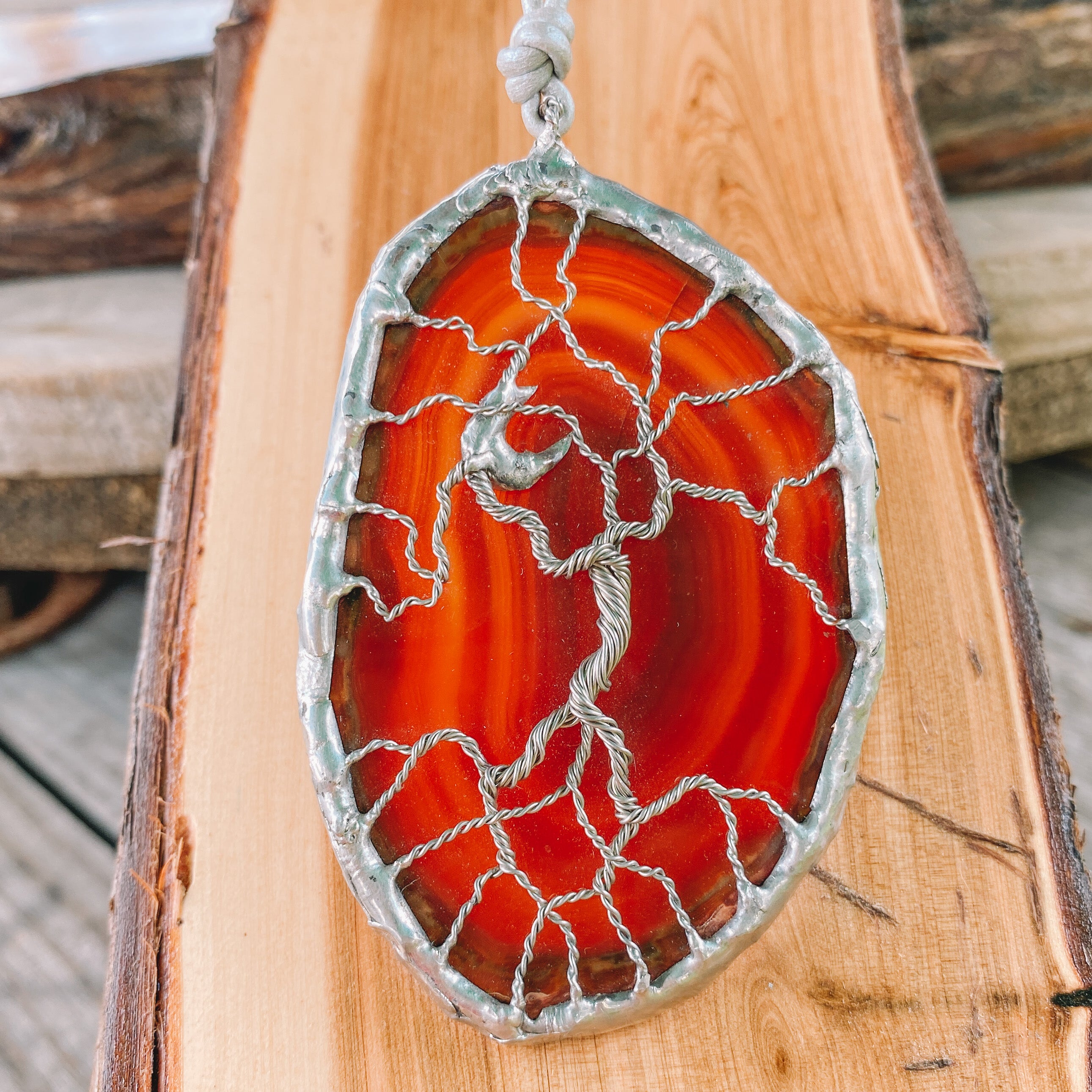 Burnt Orange Agate Tree of Life Wire Wrapped Pendant Necklace